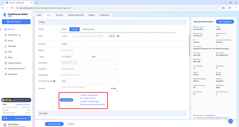91HTTP代理在 ClonBrowser浏览器上设置动态不限量代理教程